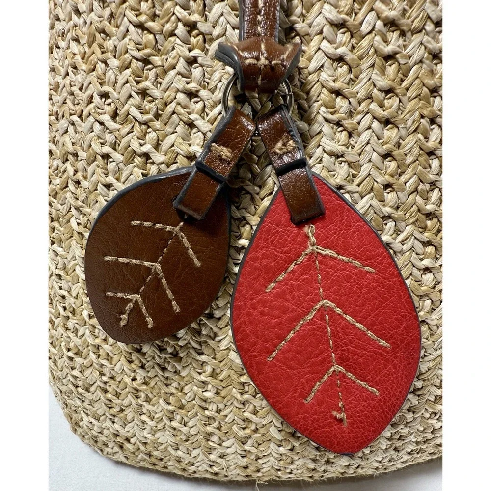 Merona Tropical Floral Straw Shoulder‎ Bag Brown Handles Leaf Charms 13x16 EUC